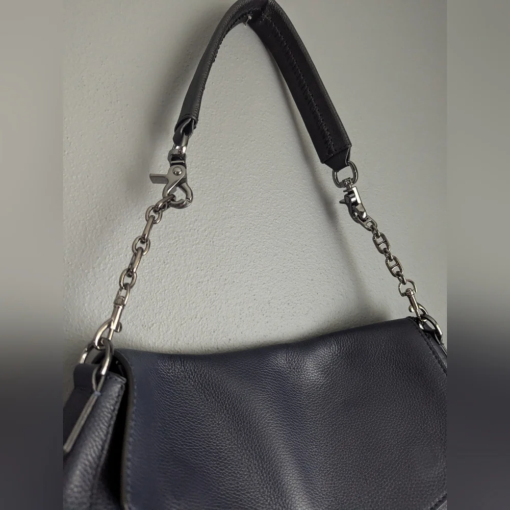 Botkier Blue Leather Shoulder Bag With Adjustable Metal Chain Link Strap.